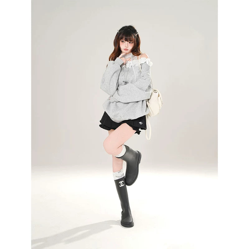 Lace Trim Off-Shoulder Pullover Sweatshirt 4