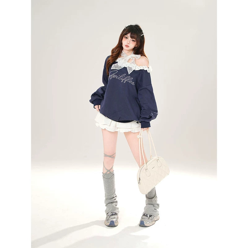 Lace Trim Off-Shoulder Pullover Sweatshirt 5