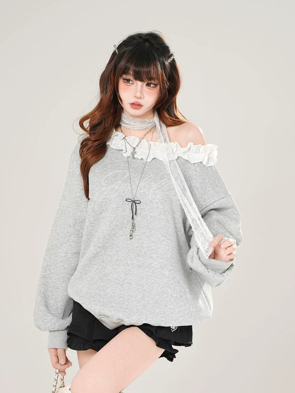 1627207:28334,5934028141410,1627207:28334,5934028141414,1627207:28334,5934028141412,5934028141410,5934028141414,5934028141412, Lace Trim Off-Shoulder Pullover Sweatshirt