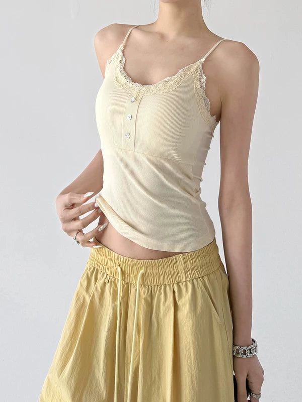 Lace Trim Ribbed Button Camisole Top 2