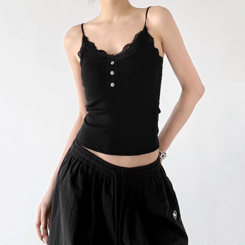 6045180577322, Lace Trim Ribbed Button Camisole Top