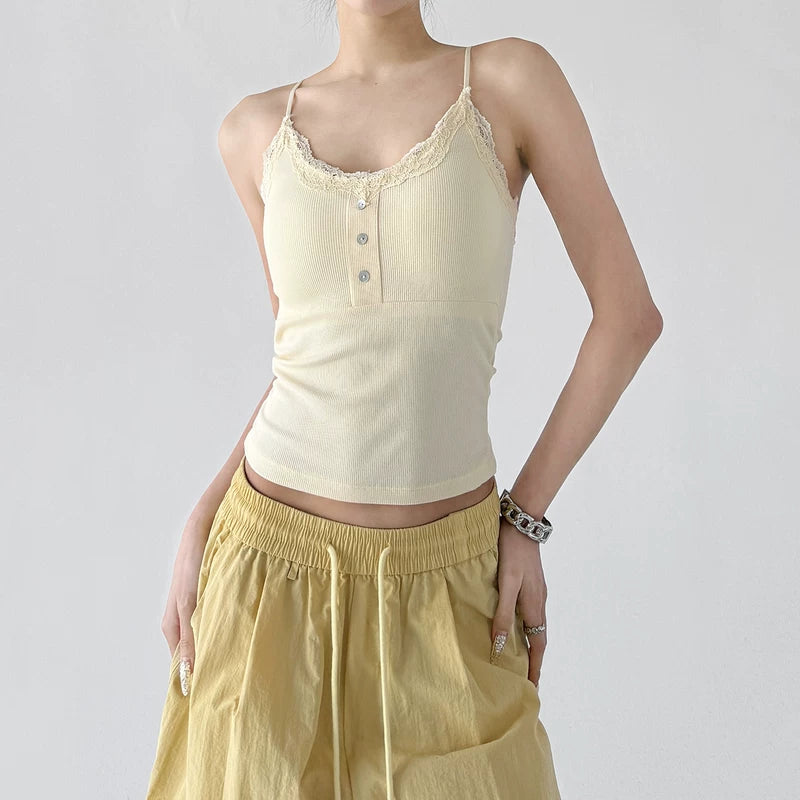 6045180577323, Lace Trim Ribbed Button Camisole Top