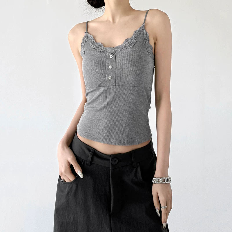 6045180577325, Lace Trim Ribbed Button Camisole Top
