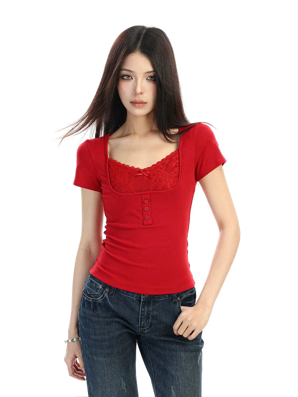 Lace Trim Square Neck Knit Top 2