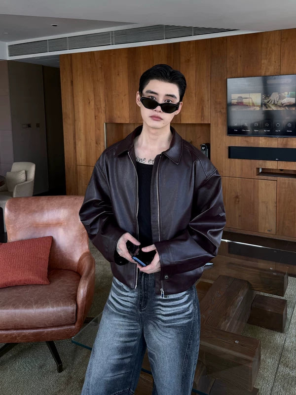 Lapel PU Leather Bomber Jacket 2