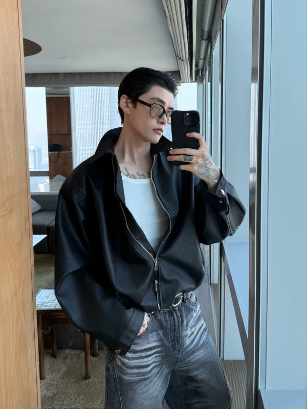 Lapel PU Leather Bomber Jacket 3