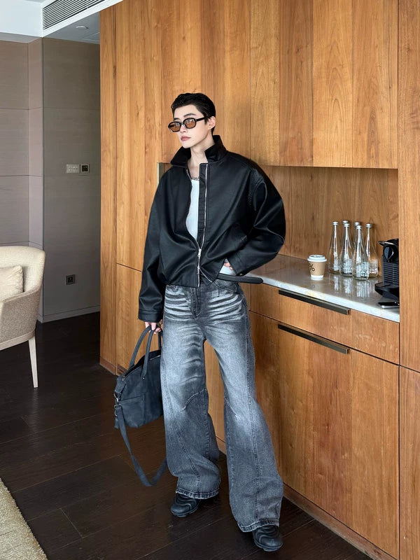 Lapel PU Leather Bomber Jacket 4