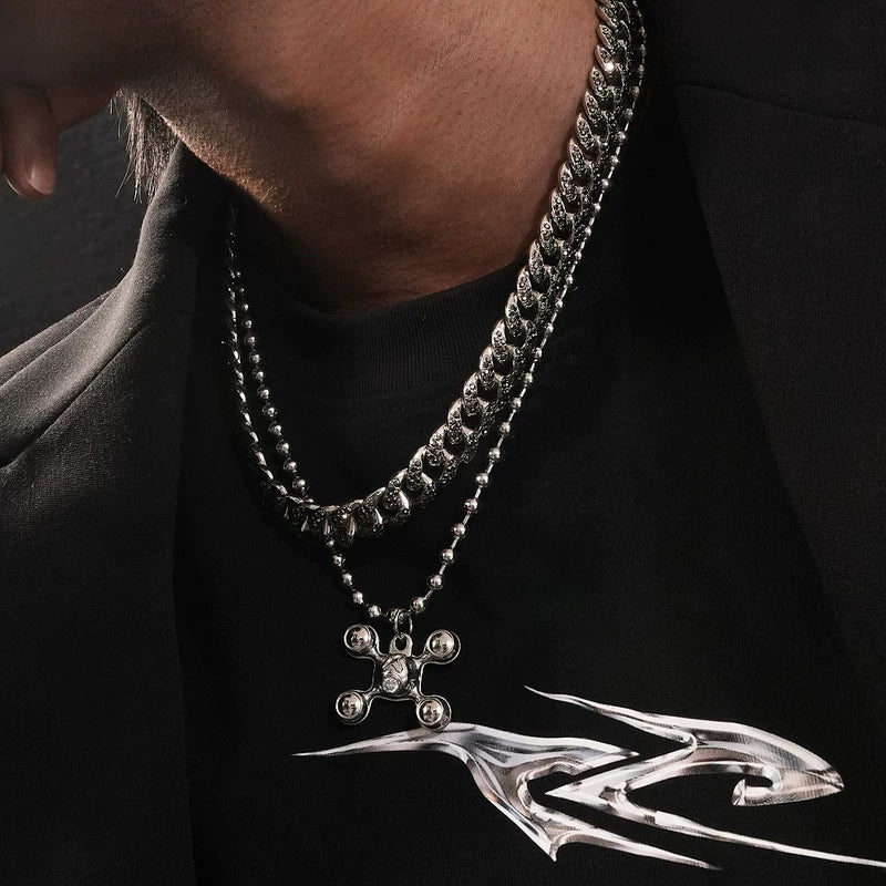 Layered Cuban Chain Necklace with Pendant 3