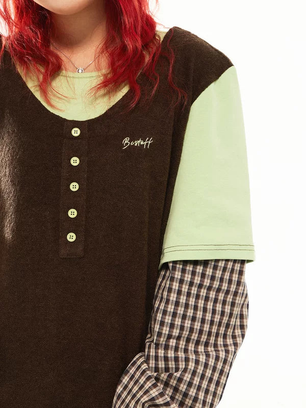 Layered Plaid Sleeve Knit Turtleneck Top 3