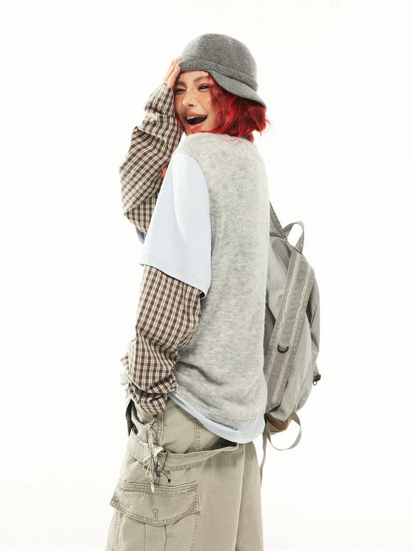 Layered Plaid Sleeve Knit Turtleneck Top 4