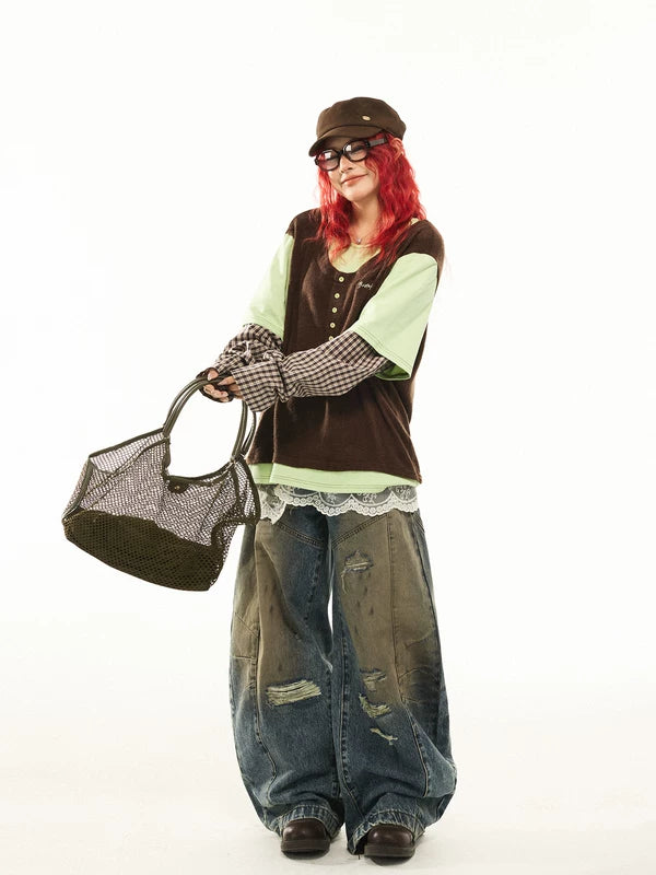 Layered Plaid Sleeve Knit Turtleneck Top 5