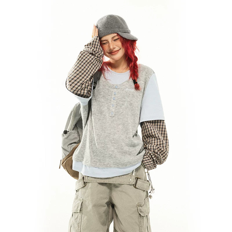 6026100460779,6026100460780,6026100460781,6026100460782, Layered Plaid Sleeve Knit Turtleneck Top