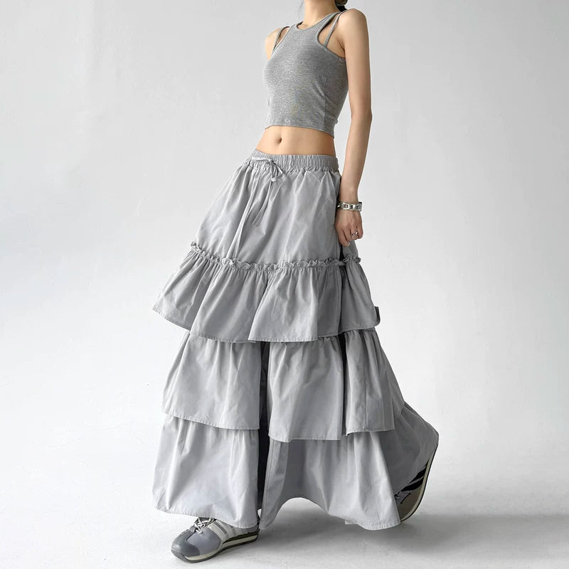 6039048236677, Layered Ruffled Maxi Skirt with Elastic Waist