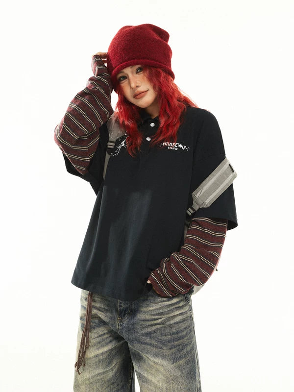 Layered Striped Sleeve Polo Long-Sleeve Top 3