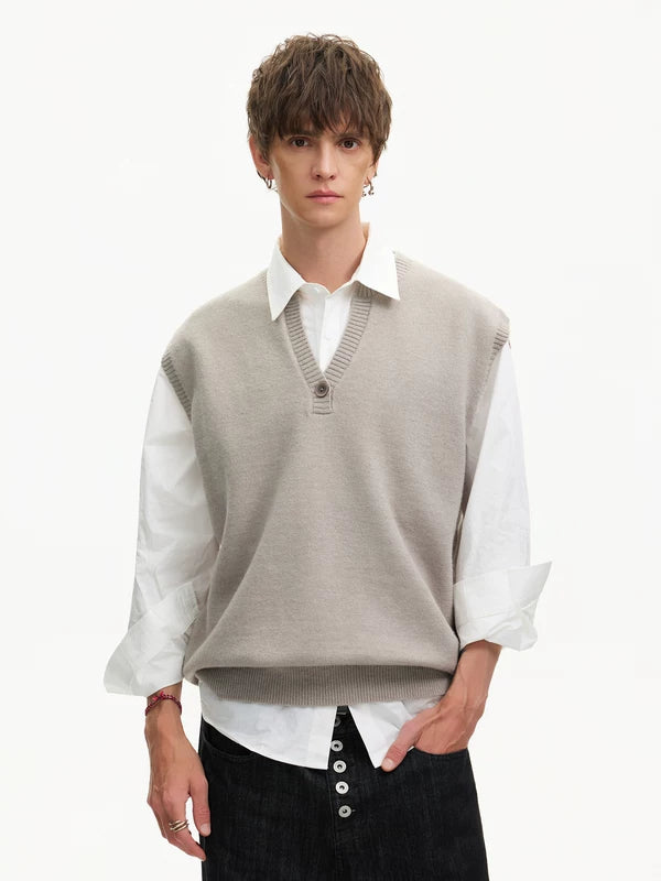 Layered V-Neck Knit Vest and Shirt 2