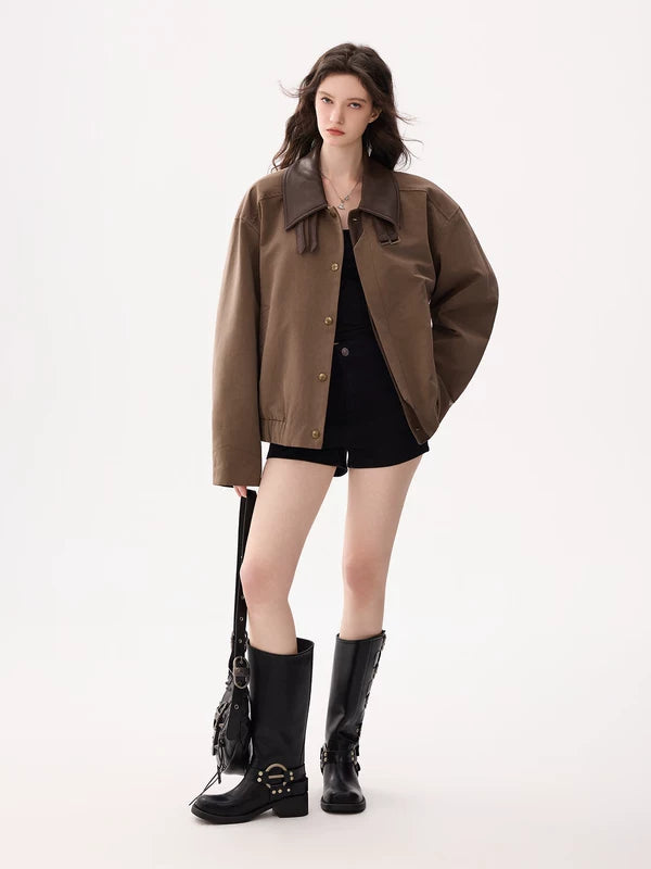 Leather Collar Button-Up Jacket 2