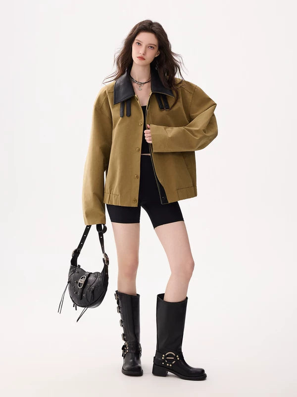 Leather Collar Button-Up Jacket 5