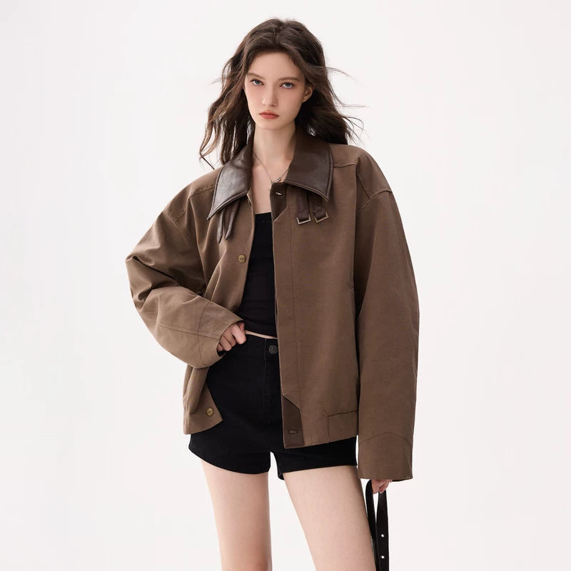 6031101996333,6031101996334,6031101996335, Leather Collar Button-Up Jacket