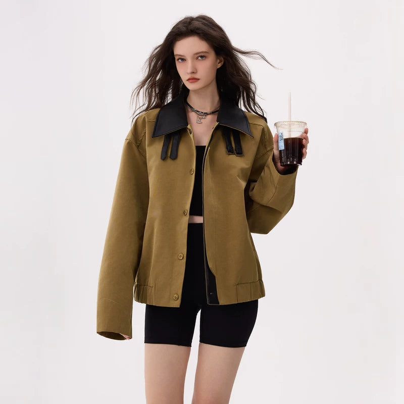 6196522246256,6196522246257,6196522246258, Leather Collar Button-Up Jacket