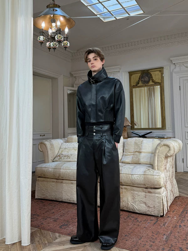 Leather Motorcycle Jacket and Pleated Pants Set 2