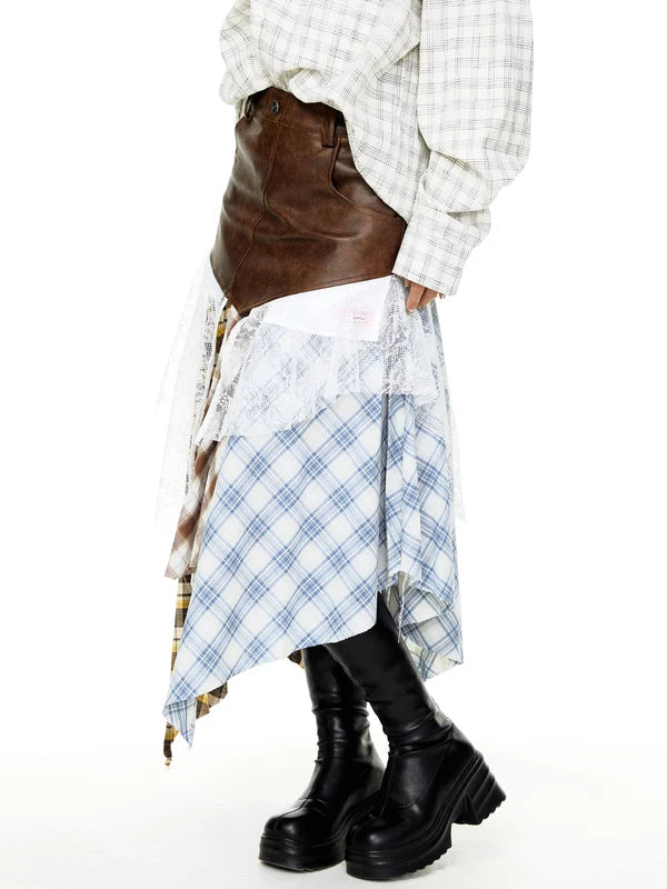 Leather Patchwork Plaid Lace Midi Skirt 2