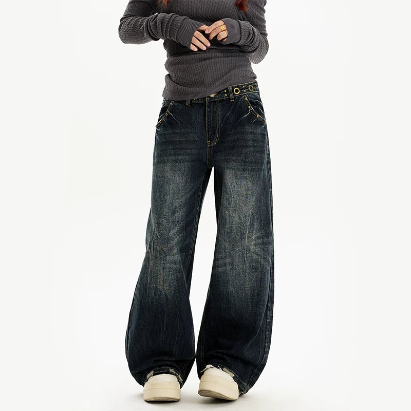 Leopard Double-Waistband Wide Leg Jeans Pants 2