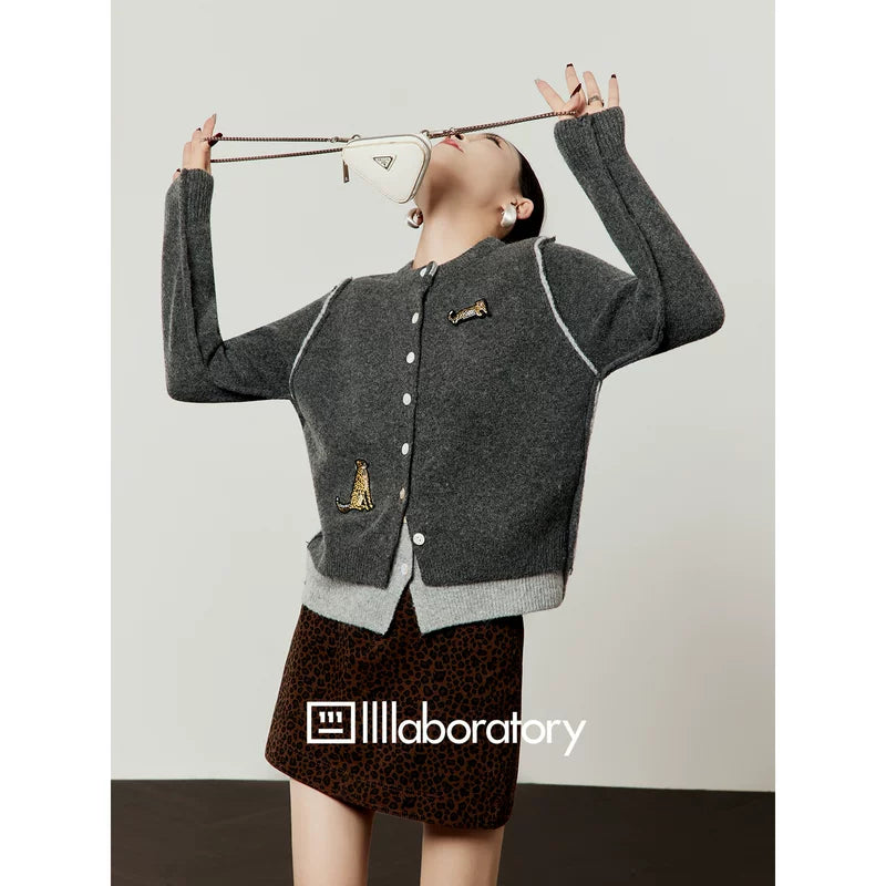 Leopard Embroidered Button Front Knit Sweatshirt 2