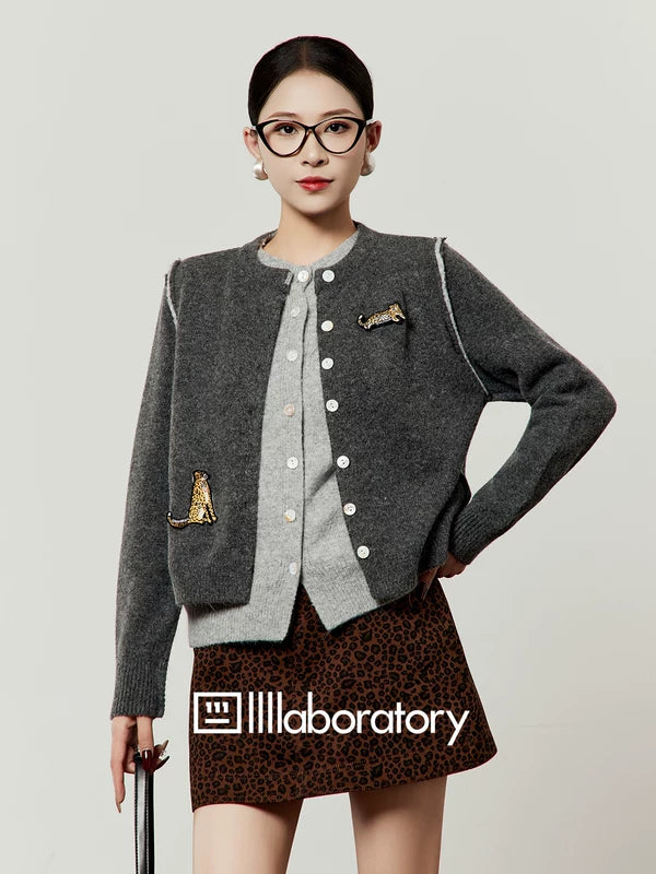 1627207:483052159,6010336208831,1627207:483052159,6010336208830,1627207:483052159,6010336208829,6010336208831,6010336208830,6010336208829, Leopard Embroidered Button Front Knit Sweatshirt