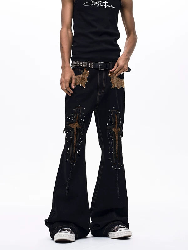 Leopard Patch Flared Distressed Denim Pants 1