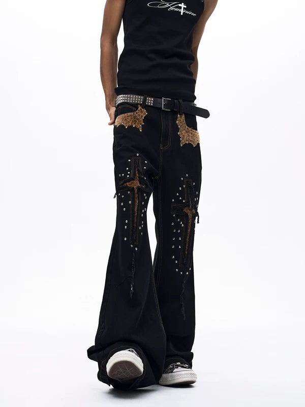 Leopard Patch Flared Distressed Denim Pants 2