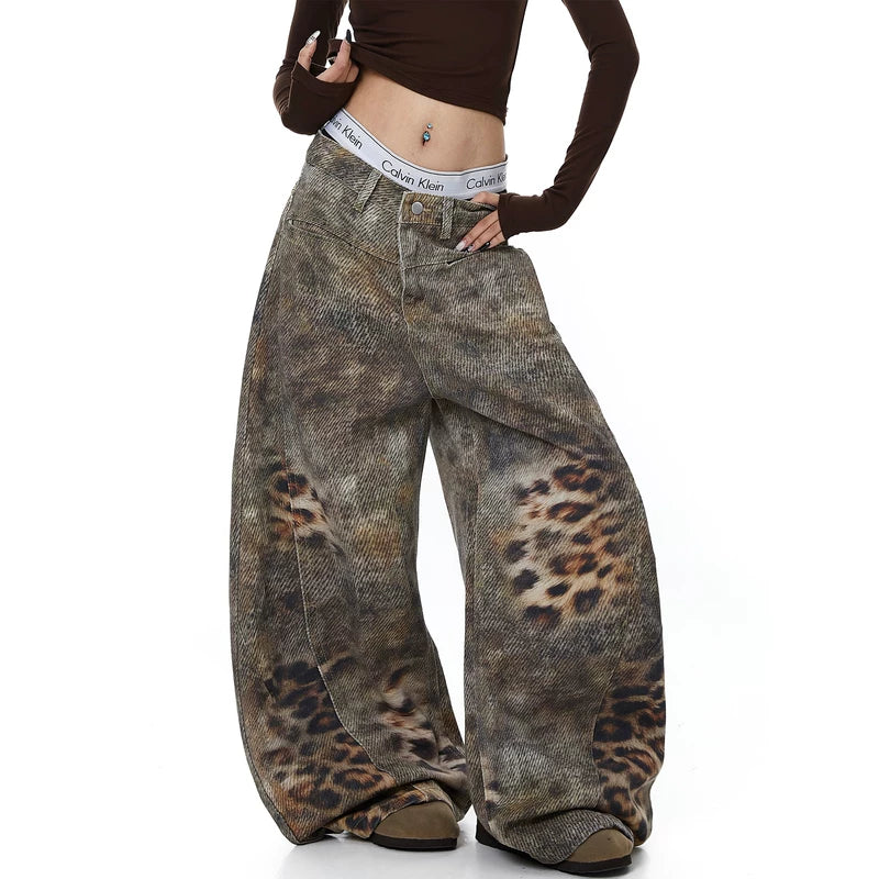 Leopard Print 3D Wide Leg Jeans Pants 2