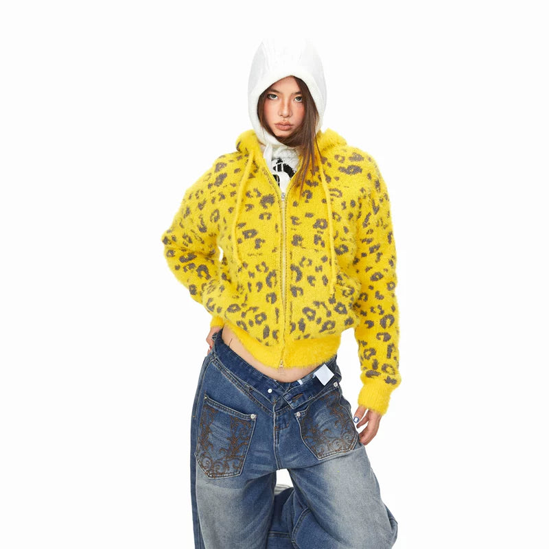 Leopard Print Hooded Knit Cardigan Sweater 3