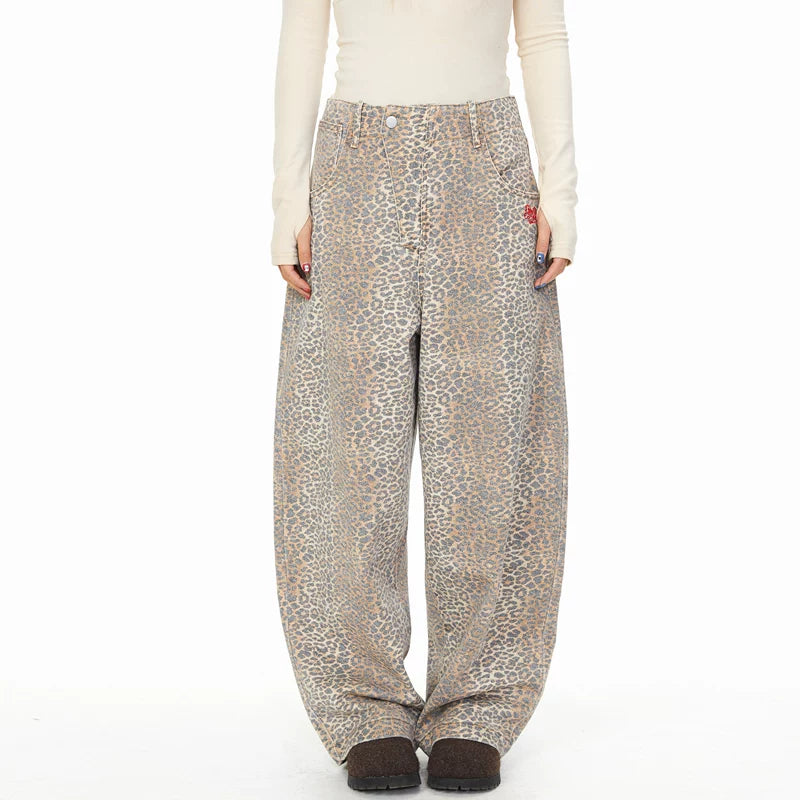 Leopard Print Loose Wide Leg Jeans Pants 3