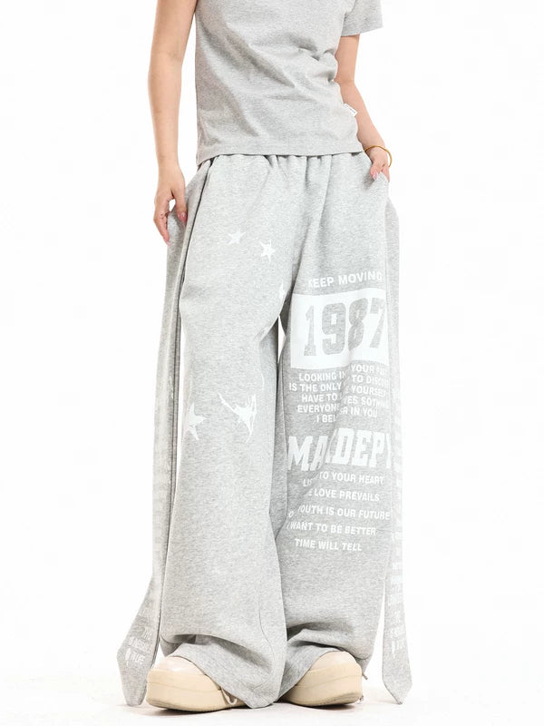 Letter Print Faux Two-Piece Wide-Leg Pants 4