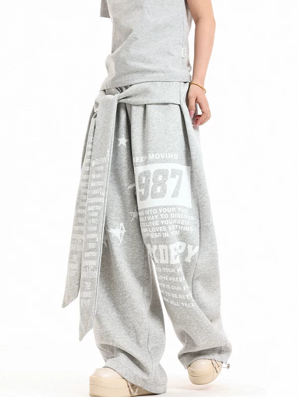 Letter Print Faux Two-Piece Wide-Leg Pants 5