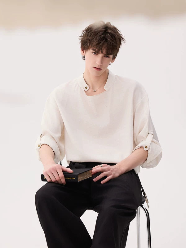 Linen-Blend Drape Collar Long Sleeve Shirt 5