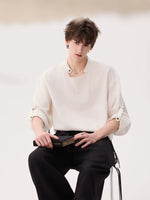 Linen-Blend Drape Collar Long Sleeve Shirt 5