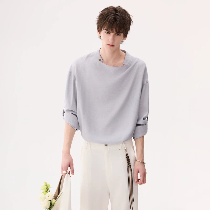 6025699421446,6025699421447,6025699421448,6025699421449, Linen-Blend Drape Collar Long Sleeve Shirt