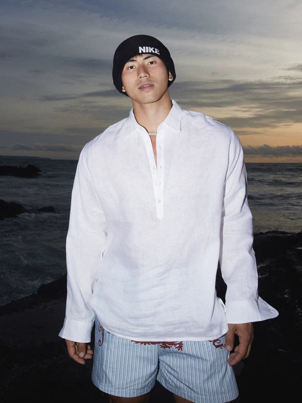 Linen Collared Half-Placket Long Sleeve Shirt 1