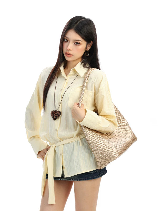 Long Sleeve Belted Button Front Blouse 3