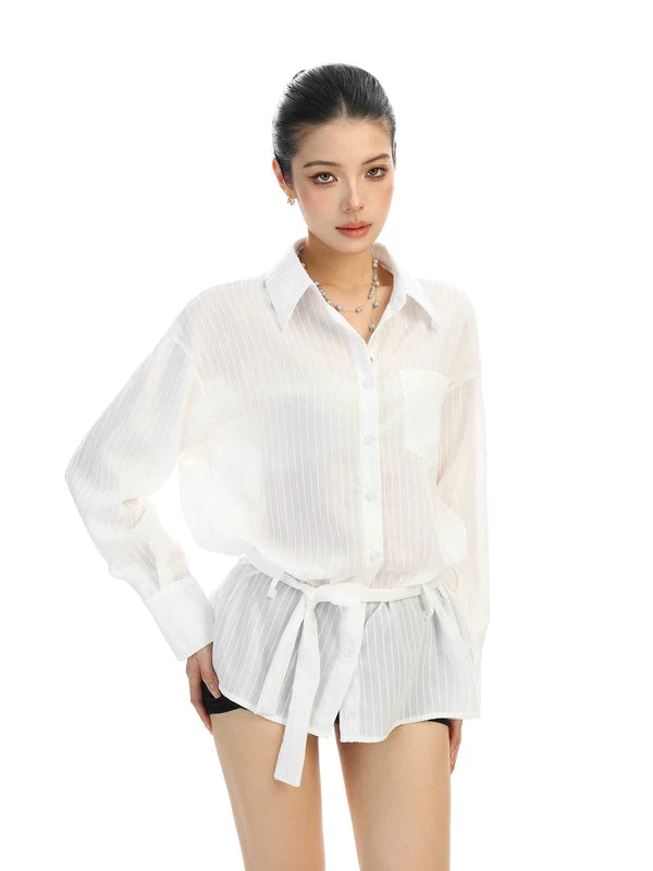 Long Sleeve Belted Button Front Blouse 4