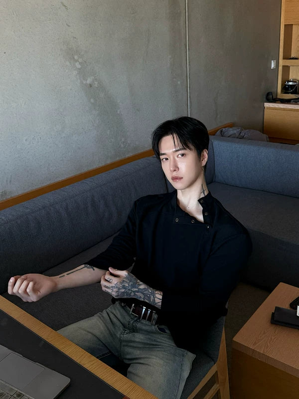 Long Sleeve Button Neck Knit T-Shirt 4