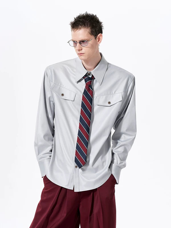 Long Sleeve Faux Acetate Button-Up Shirt 2