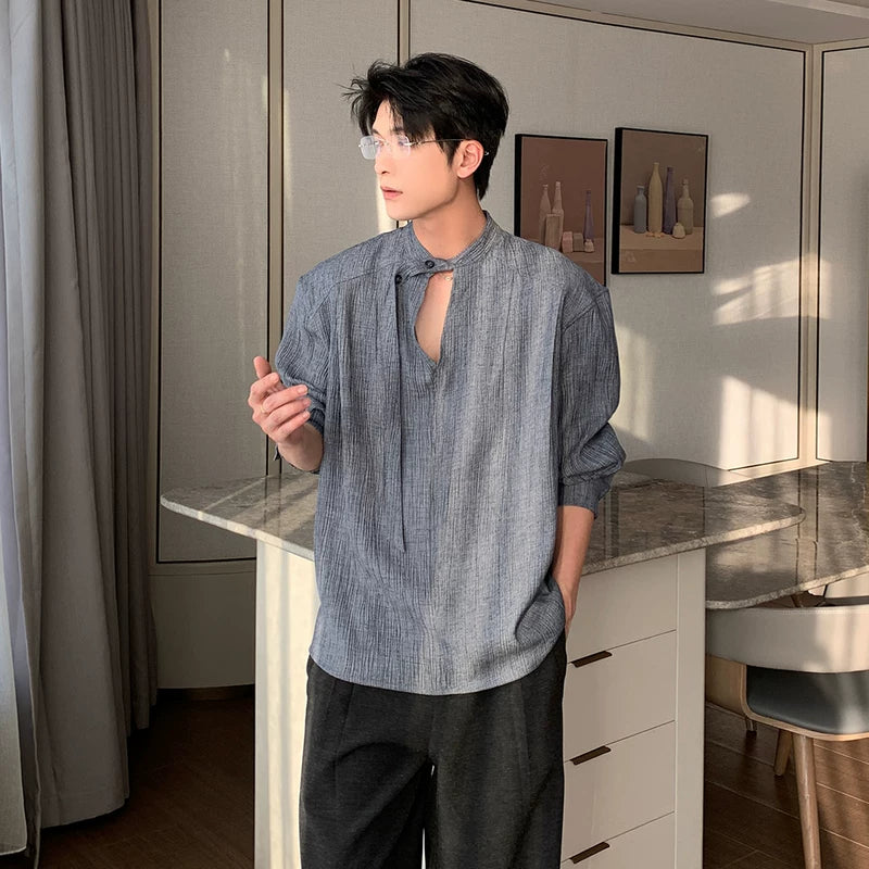 6030414828156,6030414828157,6030414828158,6030414828159, Long Sleeve Half-Placket Tie Neck Shirt