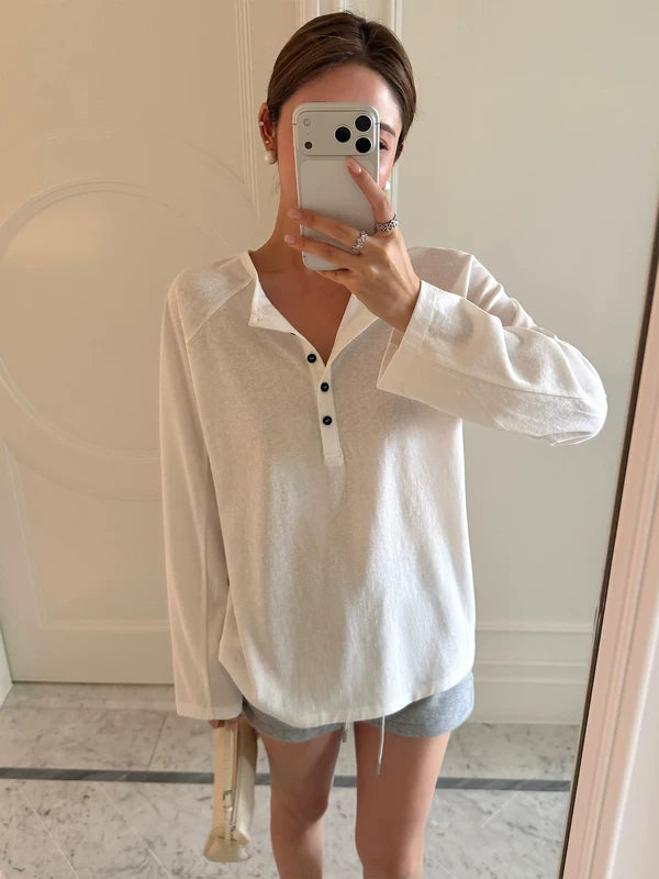 Long-Sleeve Henley Knit T-Shirt Top 4