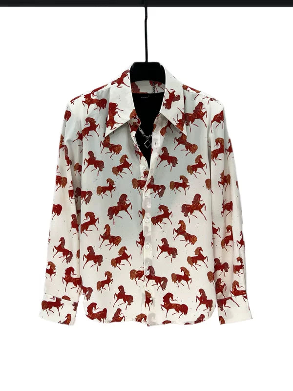 Long Sleeve Horse Print Button-Up Shirt 2