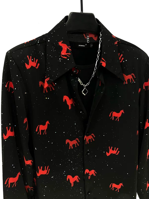 Long Sleeve Horse Print Button-Up Shirt 4