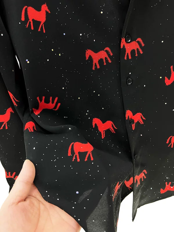 Long Sleeve Horse Print Button-Up Shirt 5
