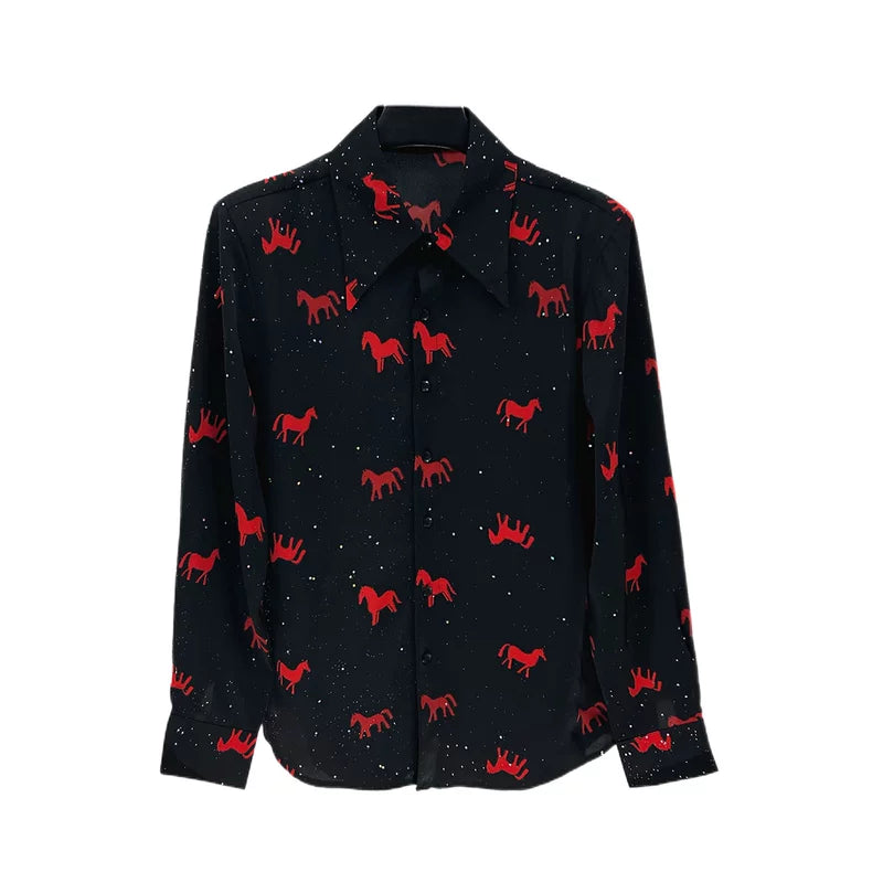 6206092379255,6206092379256,6206092379257,6206092379258, Long Sleeve Horse Print Button-Up Shirt