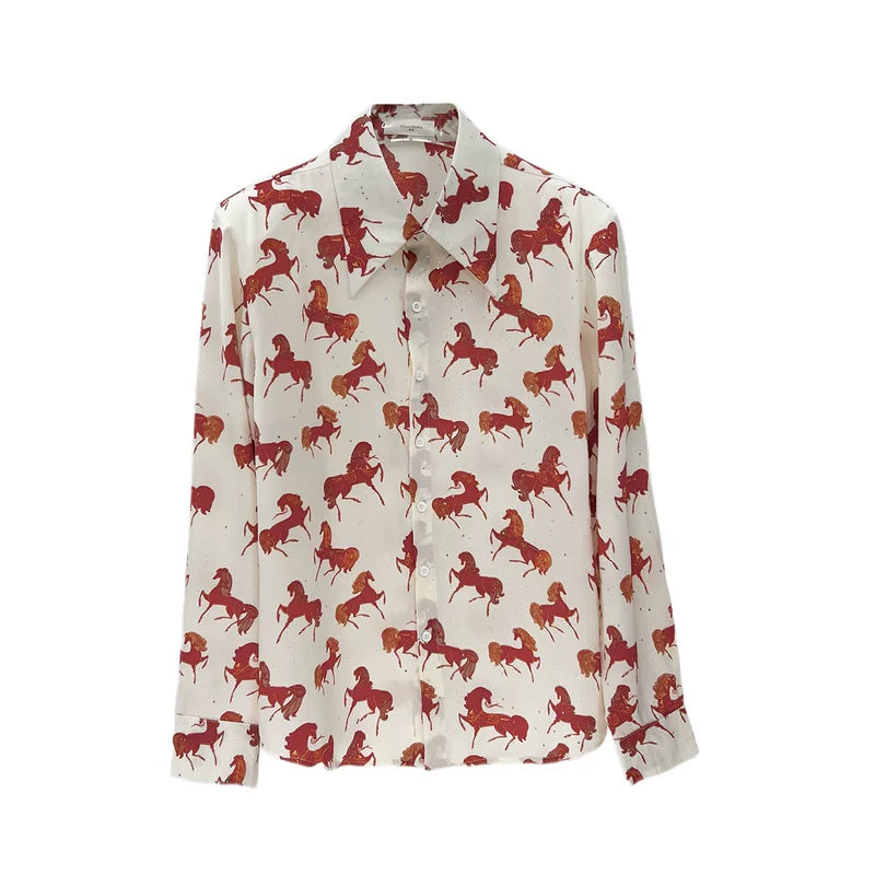 6206092379259,6206092379260,6206092379261,6206092379262, Long Sleeve Horse Print Button-Up Shirt
